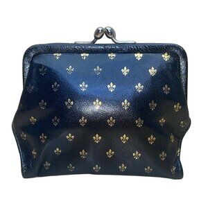 Peruzzi Women’s Black & Gold Leather Fleur-De-Lis Kiss Lock Closure Coin Purse